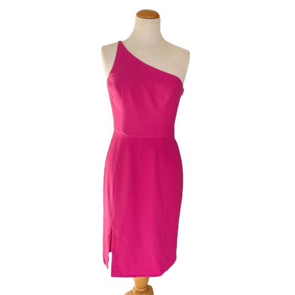 Dress The Population Asymmetrical Neckline Sheath Midi Dress in Fuschia - Picture 7 of 8
